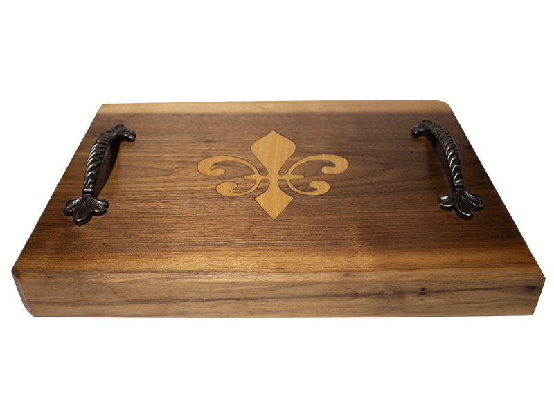 Walnut BoardWalnut serving board with Fleur De Lis inlay top front view