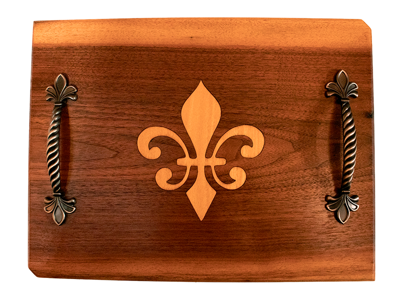Walnut serving board with Fleur De Lis inlay top face view