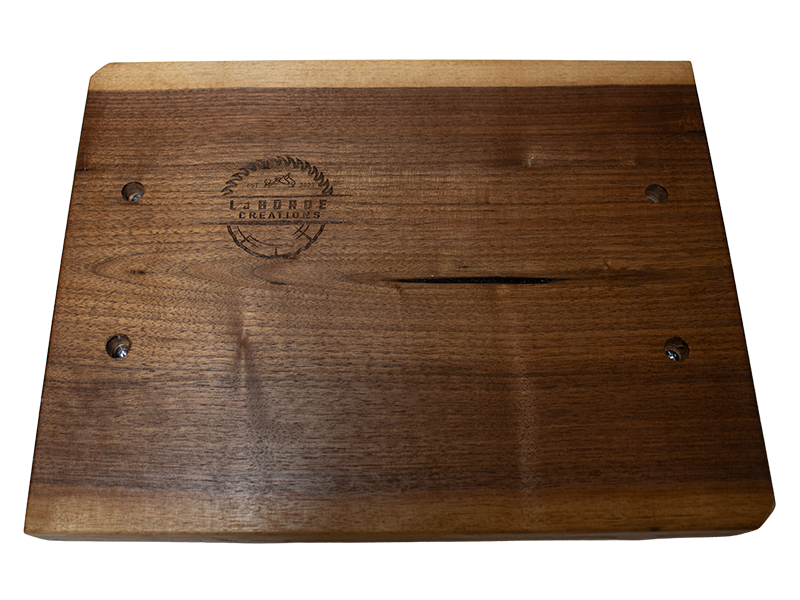 Walnut serving board with Fleur De Lis inlay bottom view with logo engraving