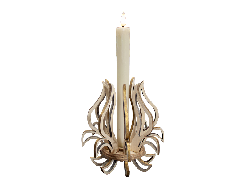 Fleur-De-Lis LED candle holder in natural wood color with gold edges.