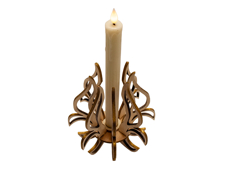 Fleur-De-Lis LED candle holder in natural wood color with gold edges.