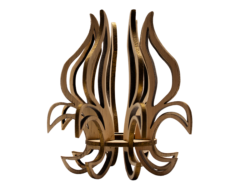 Fleur-De-Lis LED candle holder in natural wood color with gold edges.