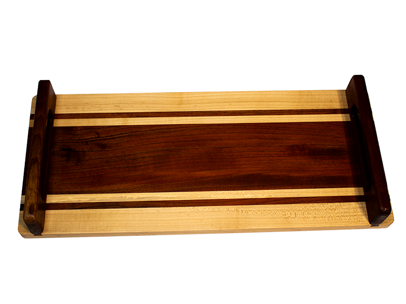 Spanish Cedar and Hard Maple serving board with Spanish Cedar dovetail joined handles top view