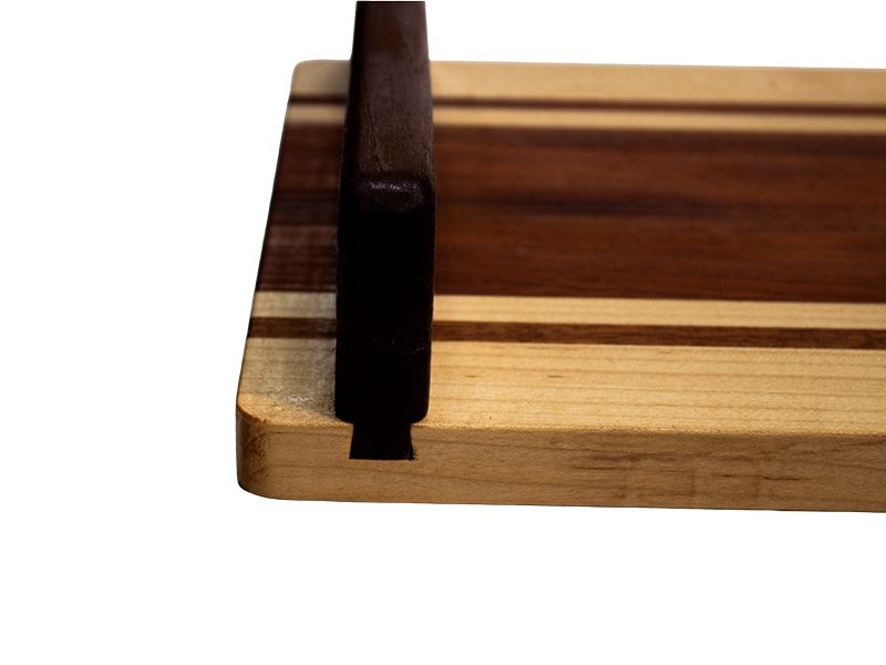 Spanish Cedar and Hard Maple serving board with Spanish Cedar dovetail joined handles front side view of dovetail joinery