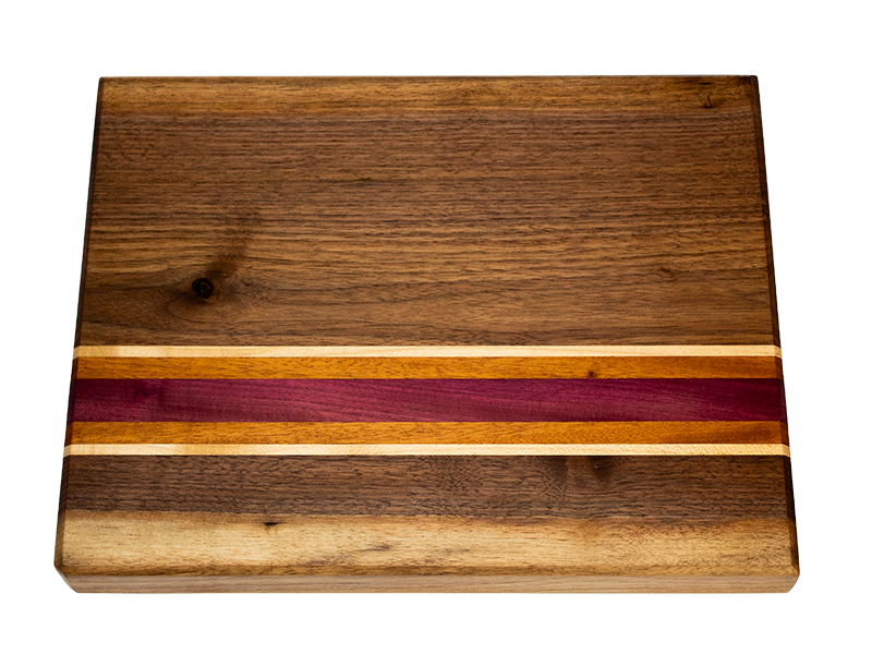 Walnut Serving/Cutting Board with Mahogany, Maple, and  Purple Heart stripes top view