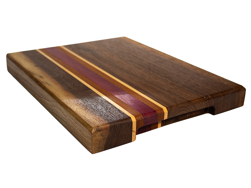 Walnut Serving/Cutting Board with Mahogany, Maple, and  Purple Heart stripes side/top view