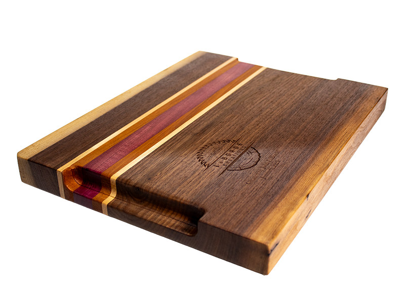 Walnut Serving/Cutting Board with Mahogany, Maple, and  Purple Heart stripes bottom side veiw showing the handle cutout