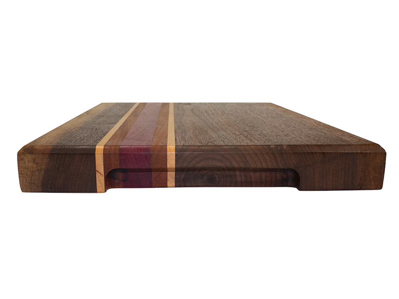 Walnut Serving/Cutting Board with Mahogany, Maple, and  Purple Heart stripes side view showing hidden handle