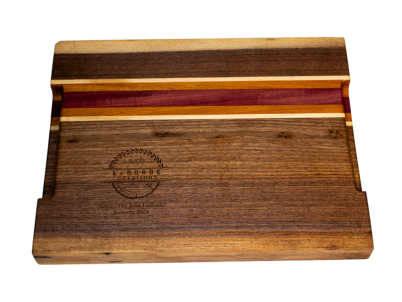 Walnut Serving/Cutting Board with Mahogany, Maple, and  Purple Heart stripes bottom face view