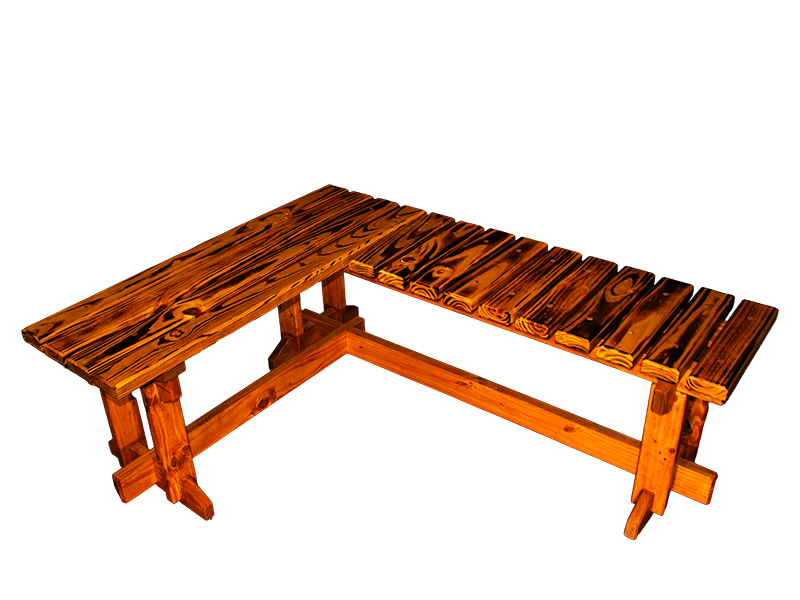 L-shaped slatted pine bench with amber top and dark walnut-stained base.