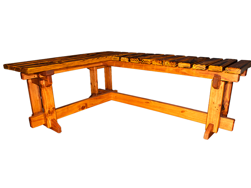 L-shaped slatted pine bench with amber top and dark walnut-stained base.