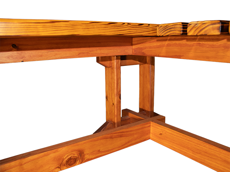 L-shaped slatted pine bench with amber top and dark walnut-stained base.