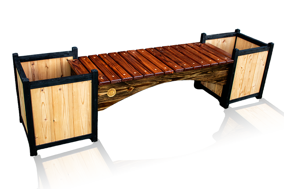 Bridge style bench in stained Mahogany and Dark Walnut colors and Red Cedar planter boxes as legs front showcase view.