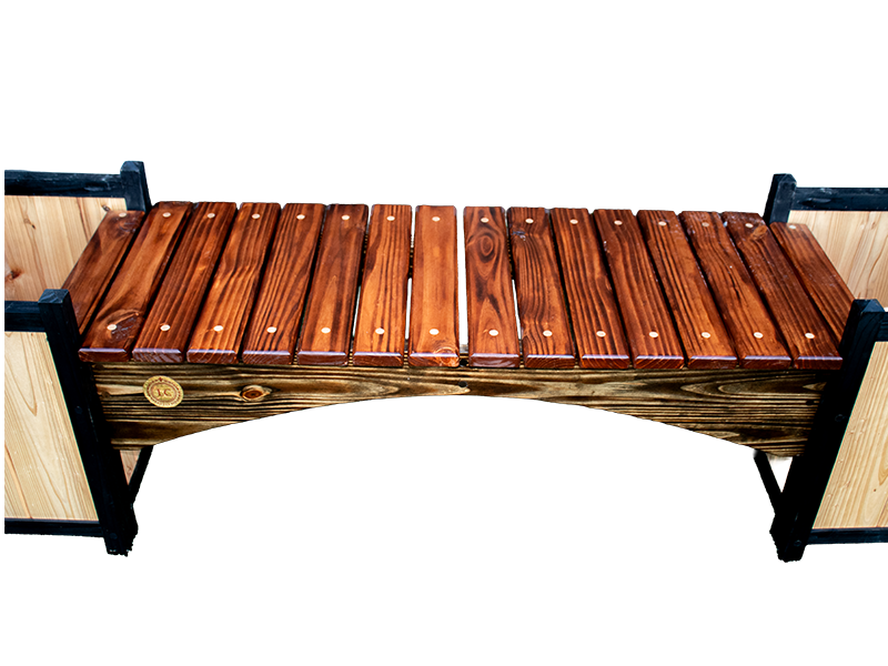 Bridge style bench in stained Mahogany and Dark Walnut colors and Red Cedar planter boxes as legs closeup front view.