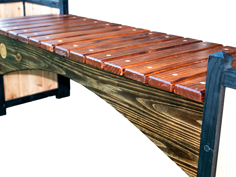 Bridge style bench in stained Mahogany and Dark Walnut colors and Red Cedar planter boxes as legs close up stretcher and top view.
