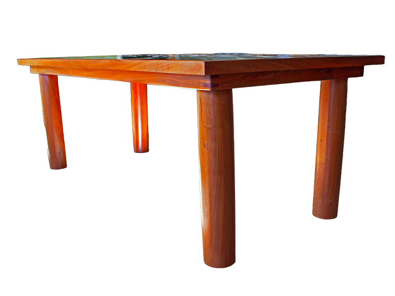 Mahogany dining table with green tile top including hand shaped cylindrical legs and Purple Heart miter spline accents below the top view.
