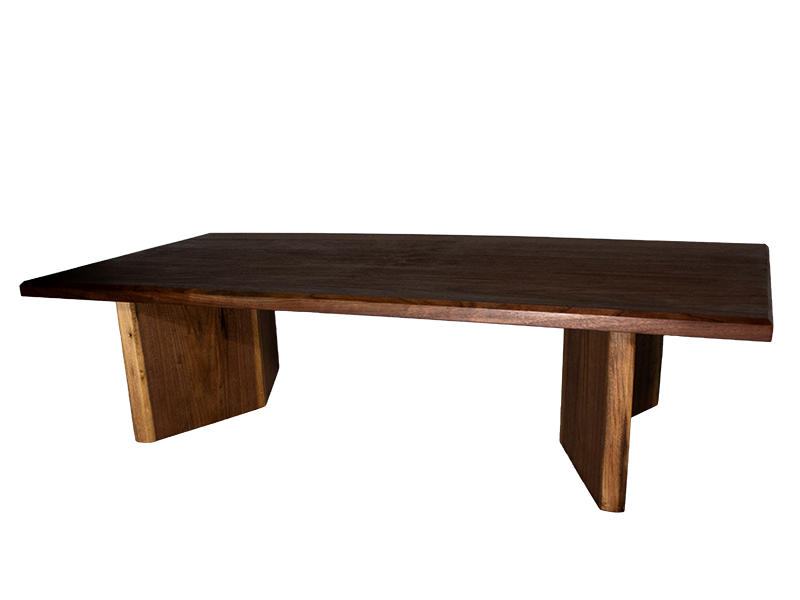 Walnut and Spanish Cedar Japanese Tea Table with V shaped live edge legs and chamfered top edge, lower side view.