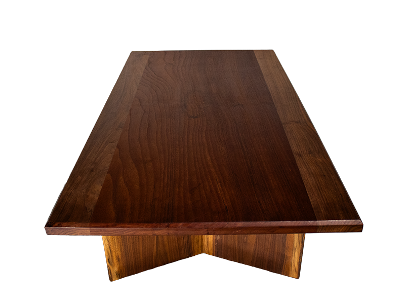Walnut and Spanish Cedar Japanese Tea Table with V shaped live edge legs and chamfered top edge, end view.