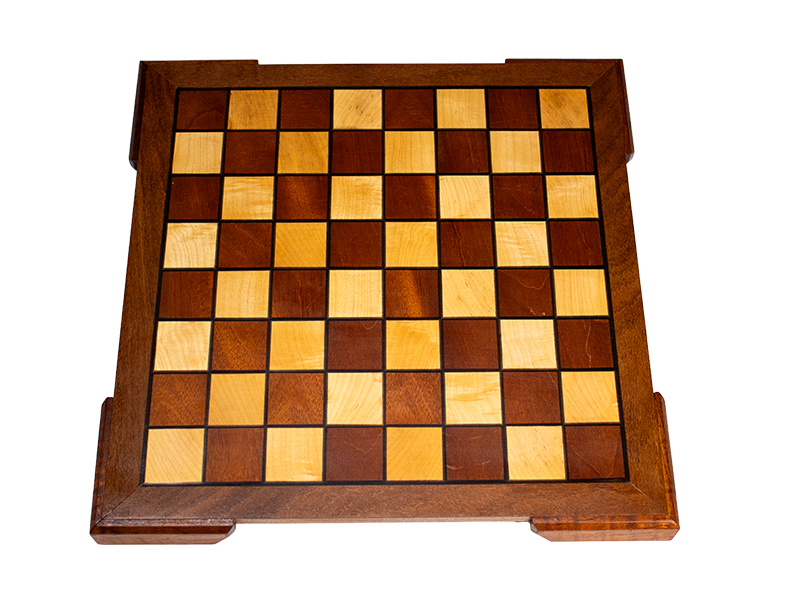 Chessboard made from Mahogany and Hard Maple with an Ipe border and Spanish Cedar feet and black resin lines, top view.
